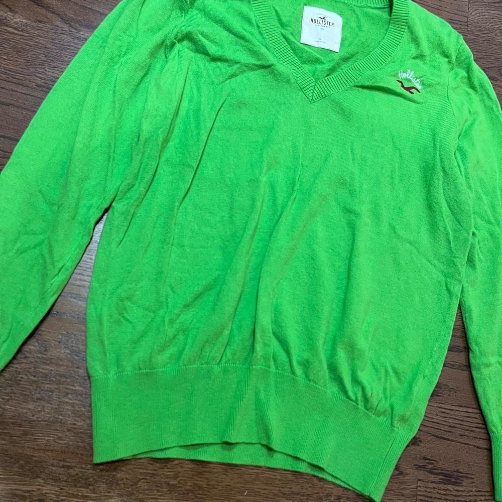 y2k vintage hollister bright green knit v neck sweater large - Picture 2 of 8